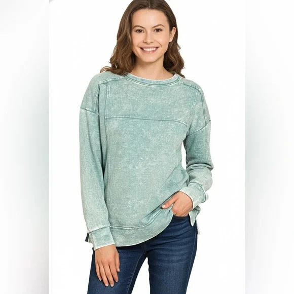 Zenana Acid Wash French Terry Exposed-Seam Pullover - Picture 3 of 4